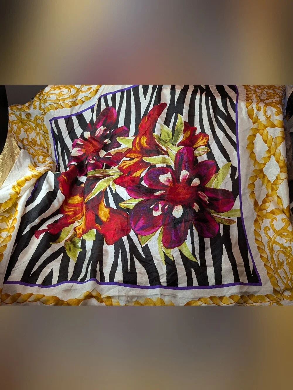Chico's Floral & Zebra Border Scarf in Black, White, Red, Purple, Green